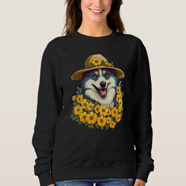 Girls Women Mom Siberian Husky Dog Sunflower Puppy Sweatshirt (Front)
