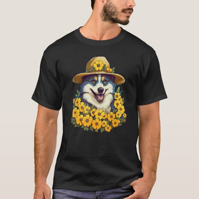 Girls Women Mom Siberian Husky Dog Sunflower Puppy T-Shirt (Front)