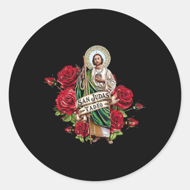 Girls Women Red Roses San Judas Tadeo Con Bandera  Classic Round Sticker (Front)