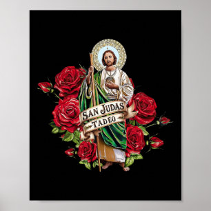 Girls Women Red Roses San Judas Tadeo Con Bandera  Poster