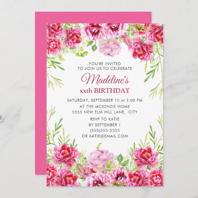 Girl's Women's Pink Floral Birthday Party  Invitation (Front/Back)