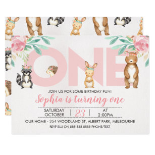 Girls Woodland Animals ONE 1st Birthday Invitation
