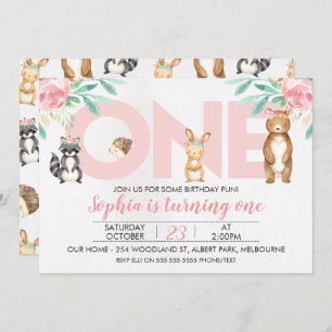 Girls Woodland Animals ONE 1st Birthday Invitation