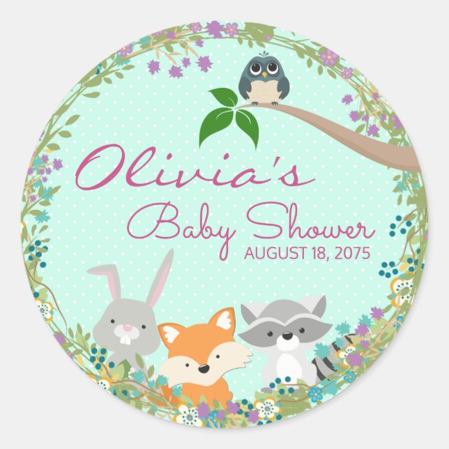 Girls Woodland Baby Shower Classic Round Sticker (Front)