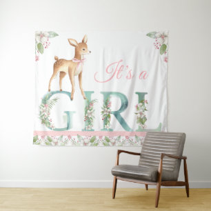 Girls Woodland Deer Baby Shower Backdrop Banner Tapestry