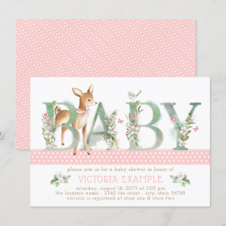 Girls Woodland Deer Baby Shower Invitations