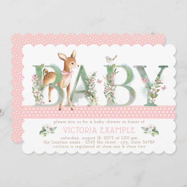 Girls Woodland Deer Baby Shower Invitations (Front/Back)