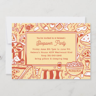 Girls Yellow Red Sleepover Birthday Party Invitation