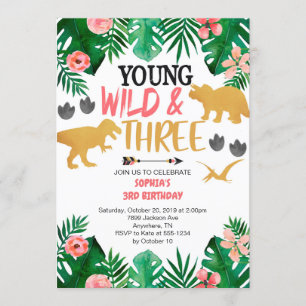 Girl's Young Wild & Three Dinosaur 3rd Birthday Invitation