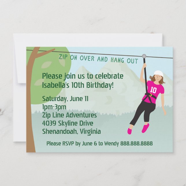 Girls Zip Line Lining Birthday Party Invites (Front)