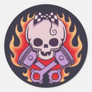 Girlskull & crossed Pistons Classic Round Sticker