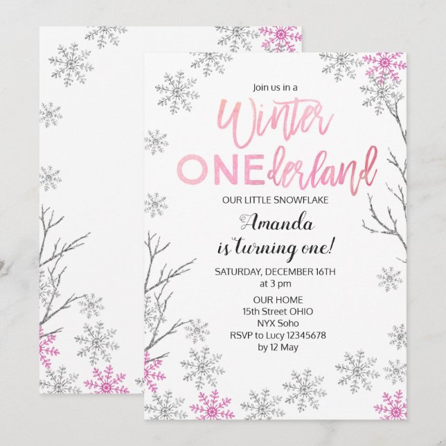 GIRLWinter ONEderland Pink Birthday Invite (Front/Back)