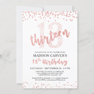Girly 13th Birthday Rose Gold Glitter Confetti Invitation