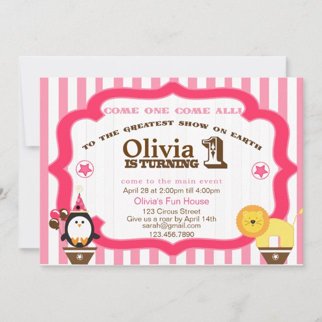 Girly 1st Birthday Circus Invitation (Front)