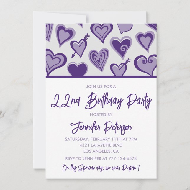 Girly 22nd birthday invitations Purple Hearts  (Front)