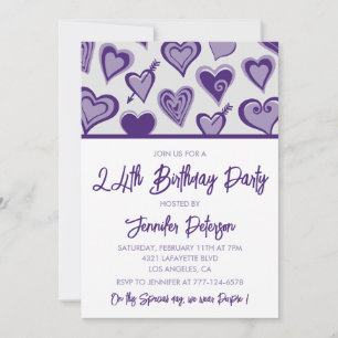Girly 24th birthday invitations Purple Hearts