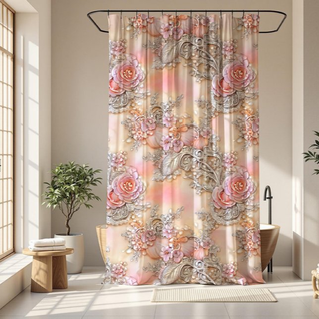 Girly 3-D bedazzled silver and pink roses pattern Shower Curtain (Creator Uploaded)