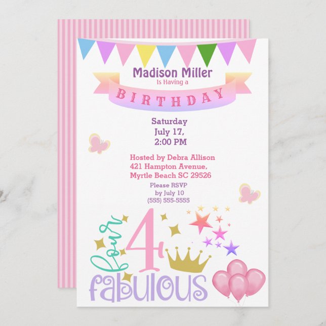 Girly 4 and Fabulous Birthday Party Invitation (Front/Back)