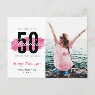 Girly 50th Birthday Hot Pink Watercolor Photo Postcard