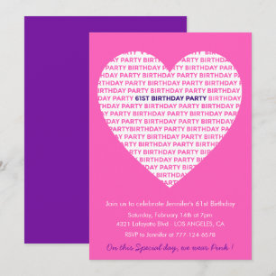 Girly 61st birthday invitation Girl Heart Pink