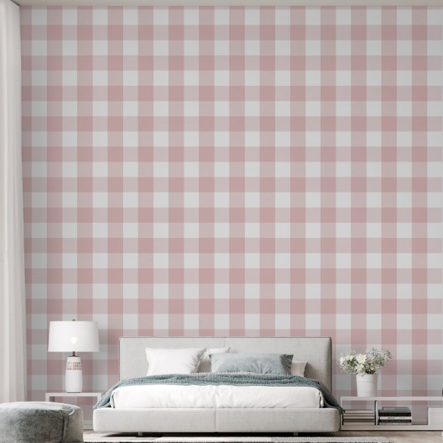 Girly 6" Light Pink Gingham Buffalo Check Wallpaper (Bedroom)