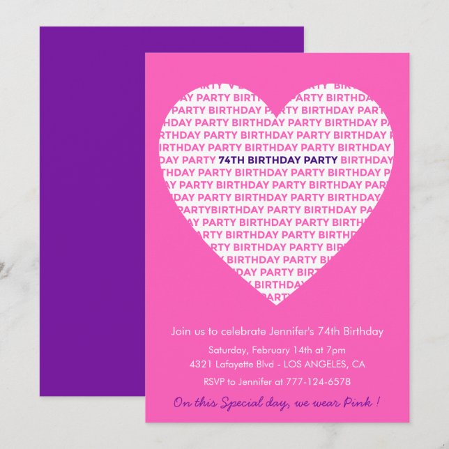 Girly 74th birthday invitation Girl Heart Pink (Front/Back)