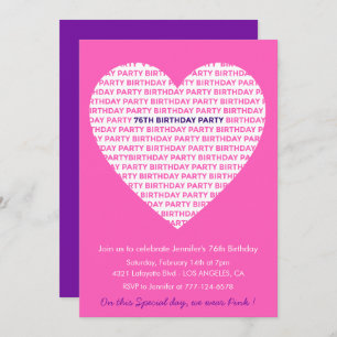 Girly 76th birthday invitation Girl Heart Pink