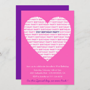 Girly 91st birthday invitation Girl Heart Pink
