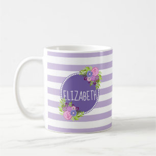 Girly Abstract Floral Purple Stripes Monogram Name Coffee Mug