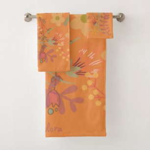 Girly Abstract Gold Leaf Colourful Flower Bath Towel Set