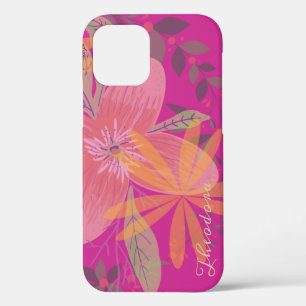 Girly Abstract Gold Leaf Fuchsia Flower iPhone 12 Case