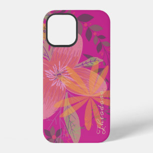 Girly Abstract Gold Leaf Fuchsia Flower iPhone 12 Case