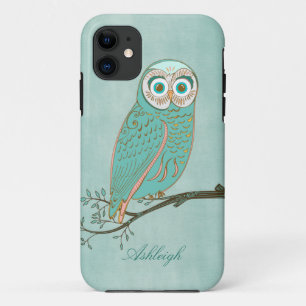 Girly Abstract Modern Teal Green Owl Monogram iPhone 11 Case