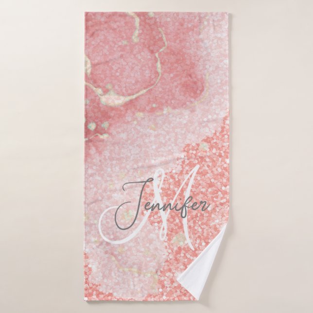 Girly Agate Pink Glitter Blush Monogram  Bath Towel (Bath Towel)