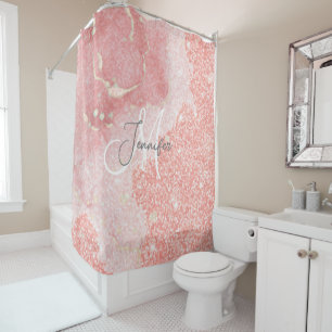Girly Agate Pink Glitter Blush Monogram Shower Curtain