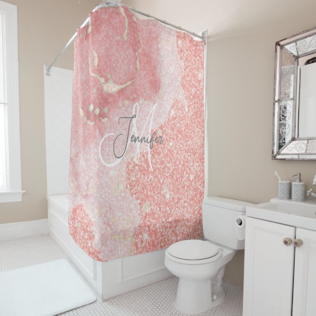 Girly Agate Pink Glitter Blush Monogram  Shower Curtain (In Situ)