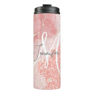 Girly Agate Pink Glitter Blush Monogram  Thermal Tumbler
