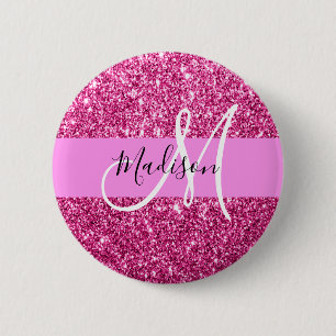 Girly and Glam Hot Pink Glitter Sparkles Monogram 6 Cm Round Badge
