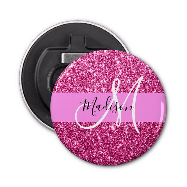 Girly and Glam Hot Pink Glitter Sparkles Monogram Bottle Opener (Front)