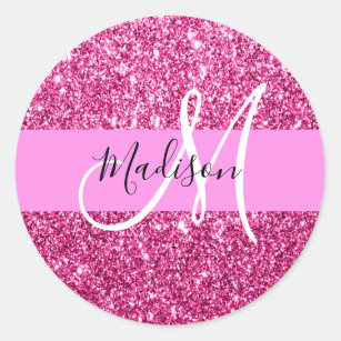 Girly and Glam Hot Pink Glitter Sparkles Monogram Classic Round Sticker