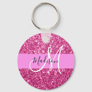 Girly and Glam Hot Pink Glitter Sparkles Monogram Key Ring