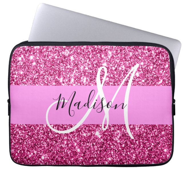 Girly and Glam Hot Pink Glitter Sparkles Monogram Laptop Sleeve (Front)