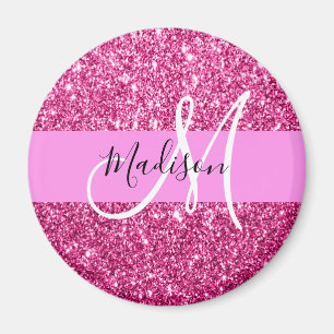Girly and Glam Hot Pink Glitter Sparkles Monogram Magnet
