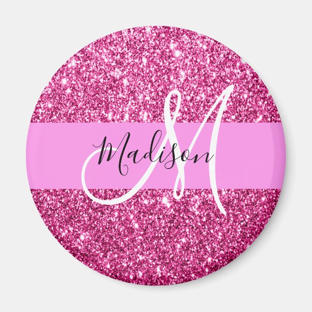 Girly and Glam Hot Pink Glitter Sparkles Monogram Magnet (Front)