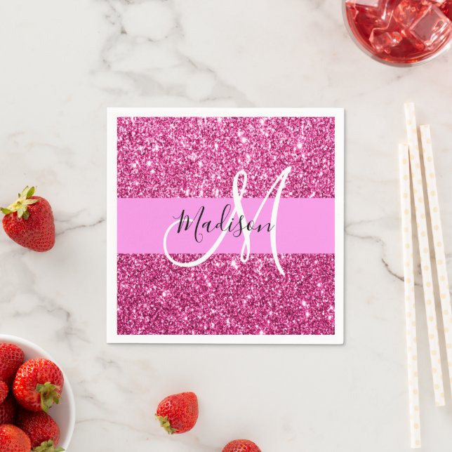 Girly and Glam Hot Pink Glitter Sparkles Monogram Napkin (Insitu)