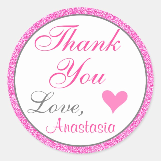 Girly and Glam Princess Hot Pink Glitter Thank You Classic Round Sticker (Front)