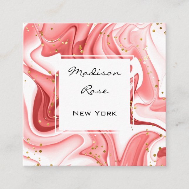 Girly and Trendy Pink Peach White Ink Gold Sparkle Square Business Card (Front)