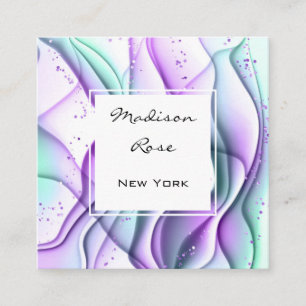 Girly and Trendy Purple Green White Ink & Sparkles Square Business Card