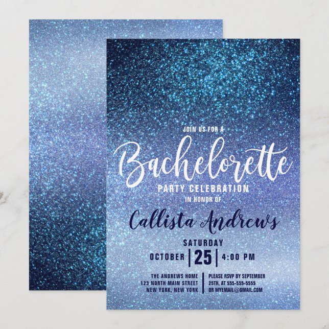 Girly Aqua Baby Blue Triple Glitter Bachelorette Invitation (Front/Back)