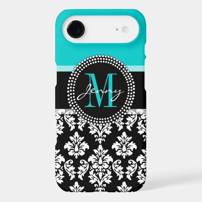 Girly Aqua Black Damask Your Monogram Name Case-Mate iPhone 3 Case (Back)